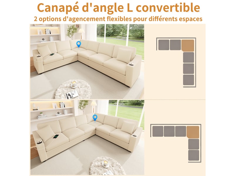 Canapé d'angle l 277x215x85cm - 6 places - usbtype-c + porte-gobelets + modulable - velours côtelé - beige - Conforama C