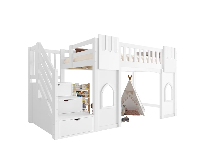  Lit mezzanine enfant 90 x 200 cm avec escalier de rangement et fenêtres, blanc  - Conforama A