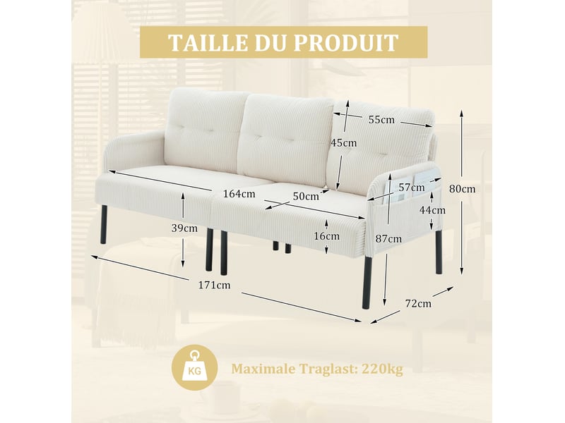  Canapé 3 places en velours côtelé beige avec poches latérales  - Conforama C