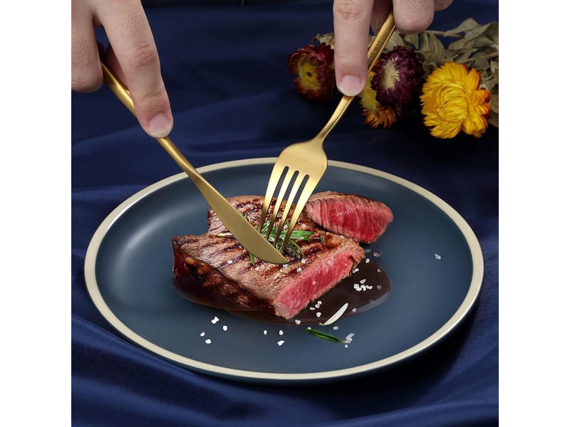  Set couverts de table 6 personnes dorés, ensemble de couverts inox 24 pièces, comprend des couteauxfourchettescuillères, fini mat et lavable au lave  - Conforama E