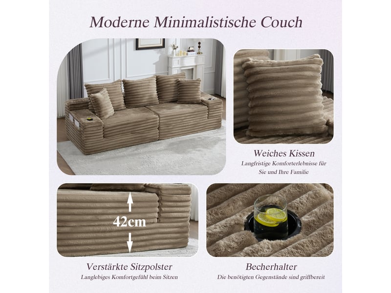  Canapé modulable convertible cordou kaki avec rangement latéral et porte-gobelets pour salon moderne  - Conforama R