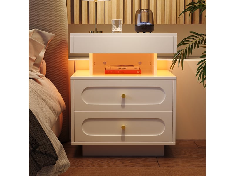  Table de chevet avec led, 50 x 40 x 60 cm, 2 tiroirs, 1 niche ouverte, blanc  - Conforama B