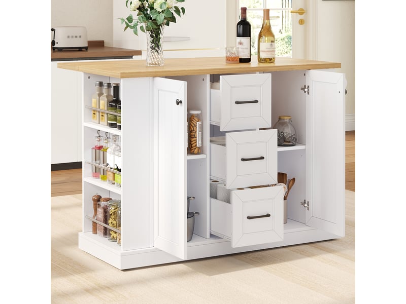  Desserte de cuisine avec plan rabattable et roulettes freinées - lpospi - 3 tiroirs, mdf blanc, 120 × 70 × 90 cm  - Conforama B