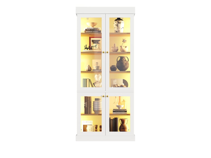  Vitrine haute 80 x 40 x 180 cm - avec led multicolore, portes vitrées, étagères réglables, anti-basculement, blanc  - Conforama A