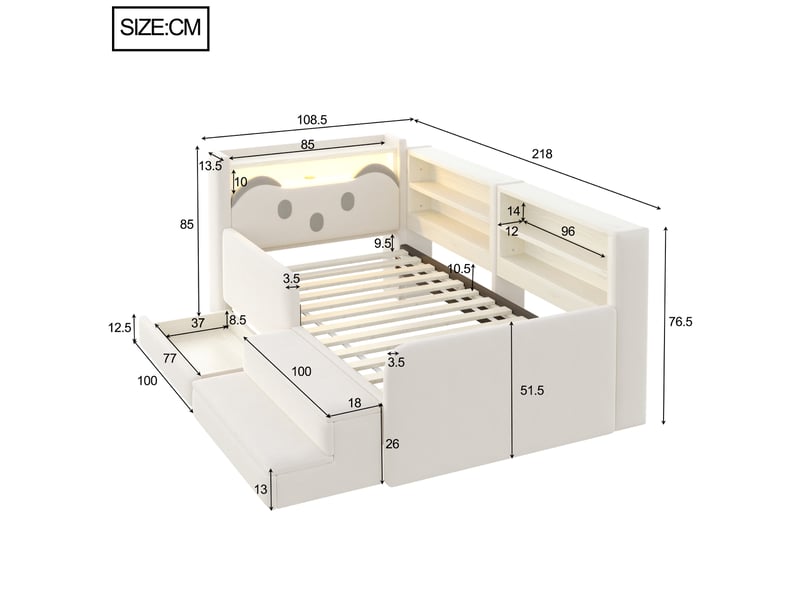  Lit enfant rembourré 90x200 cm, lit avec rangement, led et usb, tête de lit ours avec étagères, tiroir et repose-pieds amovible, velours beige  - Conforama D