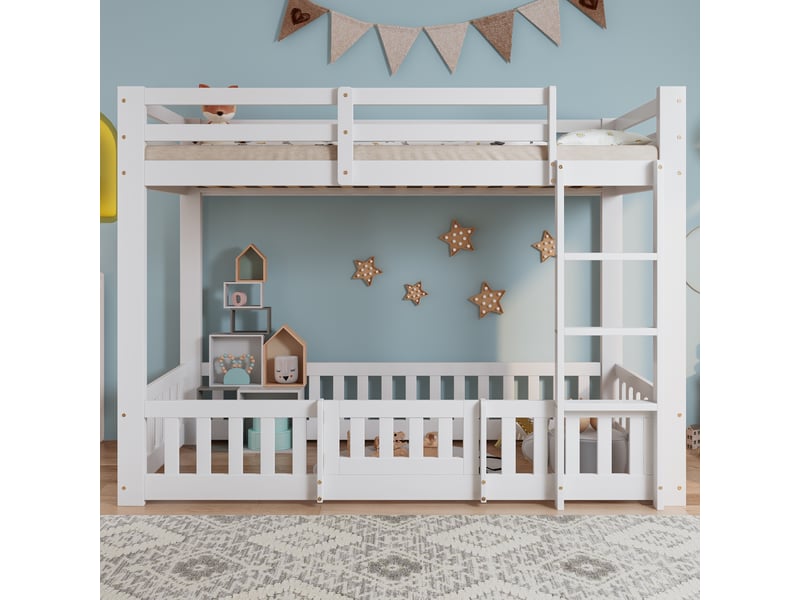 Lit superposé 90x200 cm avec échelle à angle droit, lit enfant avec barrières de sécurité et porte, lit simple en pin, blanc - Conforama D