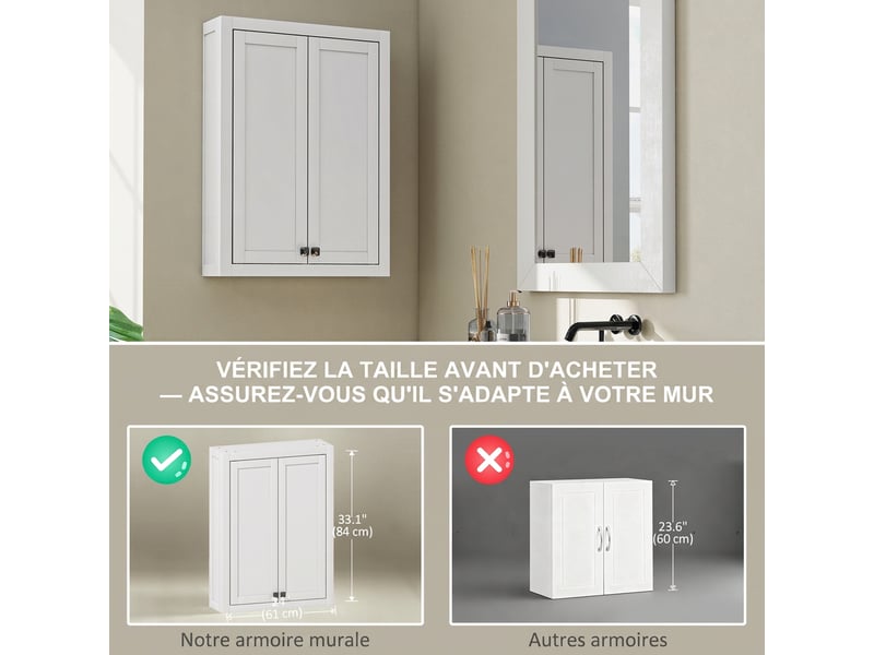  Armoire murale de salle de bain 3 niveaux, meuble de rangement suspendu  2 portes étagère réglable 61 x 20 x 84 cm blanc  - Conforama D