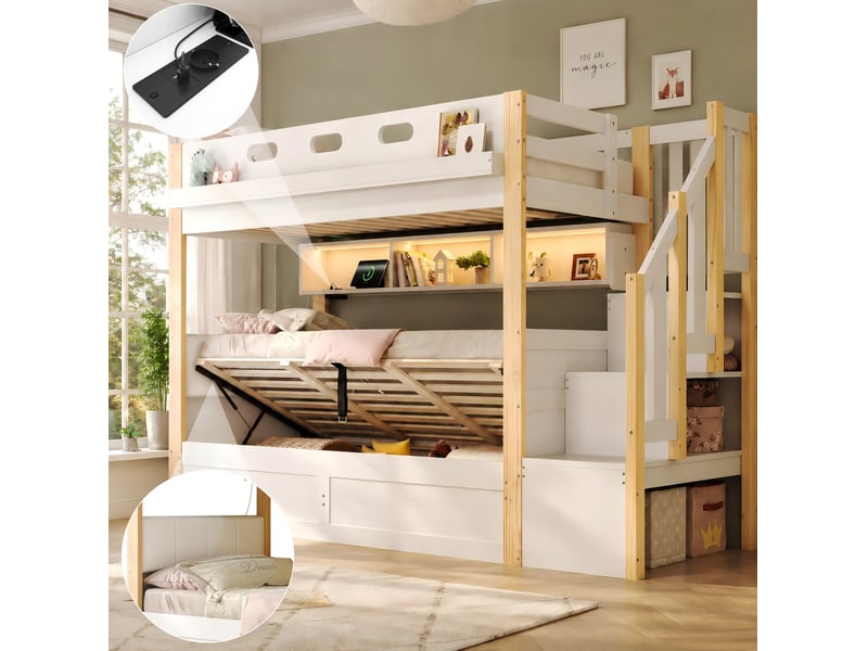  Lit superposé 90 × 200 cm et 90 × 200 cm 2 places avec coffre, escalier, led et usb, sans matelas, blanc  - Conforama C
