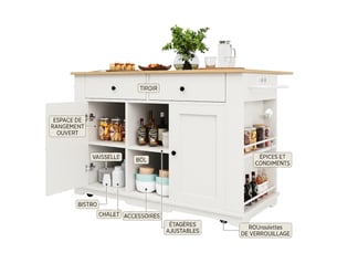 Îlot de cuisine blanc sur roulettes avec prises et plateau rabattable