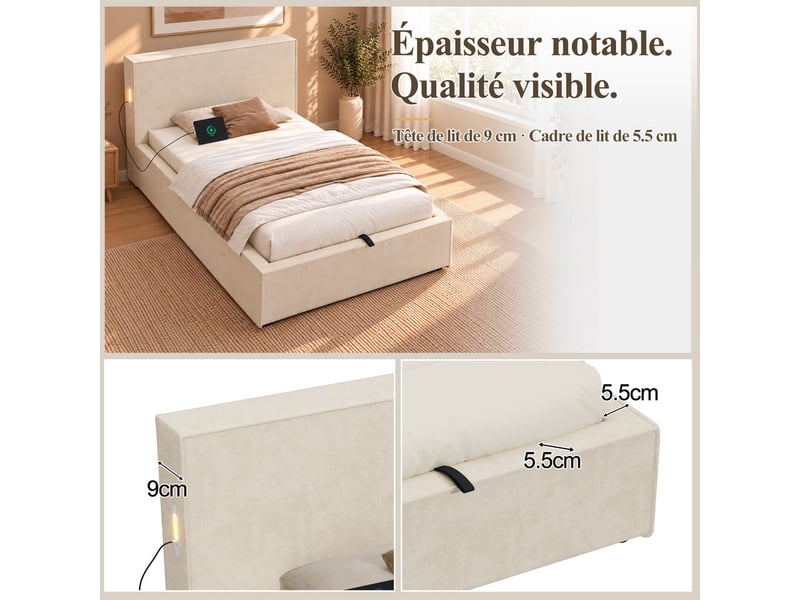  Lit coffre rembourré 90x200 cm -  avec tête de lit et sommier à lattes - rangement coffre -tissu chenille - beige (sans matelas)  - Conforama R