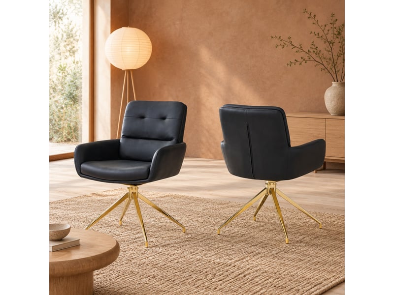  Lot de 2 chaises de salle à manger pivotantes 360°  - dossier capitonné, pieds en métal doré, pu noir  - Conforama C