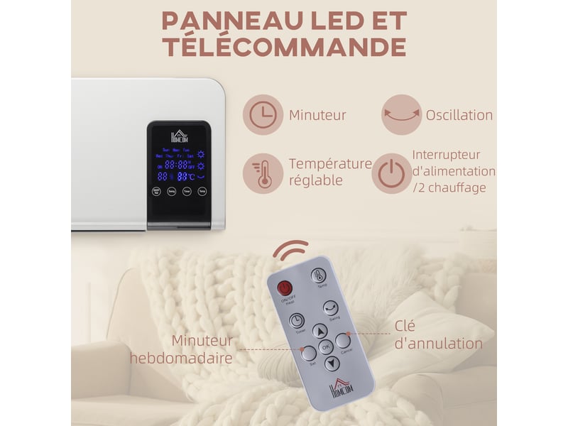  Radiateur soufflant mural en céramique ptc - 1000 w 2000 w, oscillation, avec télécommande blanche  - Conforama E