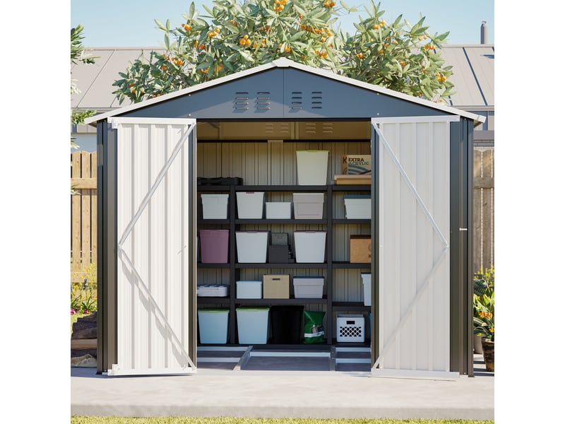 Abri de jardin en métal 240,4 x 192,3 x 191 cm, rangement extérieur avec double porte verrouillable, 4 aérations, base renforcée, noir Luxe haut de gamme - Conforama E