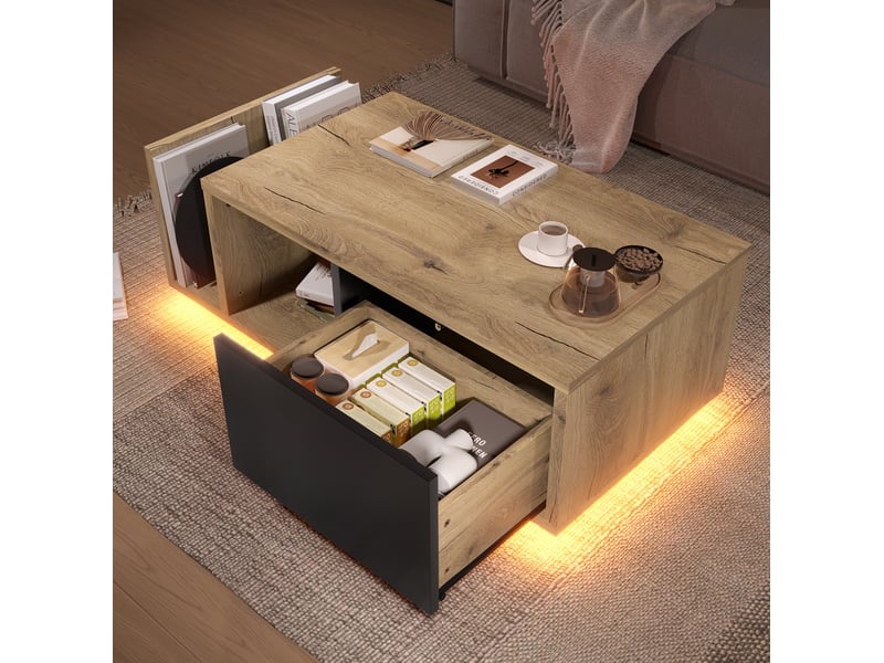  Table basse rétro led avec tiroir et niche ouverte, 99,5 x 53 x 38 cm, naturelle  - Conforama B