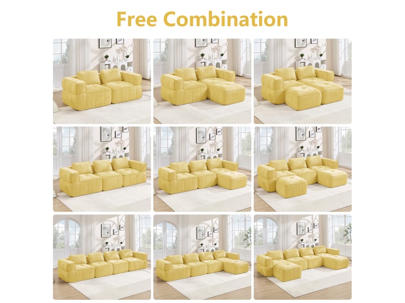 Canapé d'angle modulable 4 places modenvie avec pouf, design sans cadre, 344 x 162 x 67 cm, mousse 32d haute densité, tissu polyester jaune - Conforama E