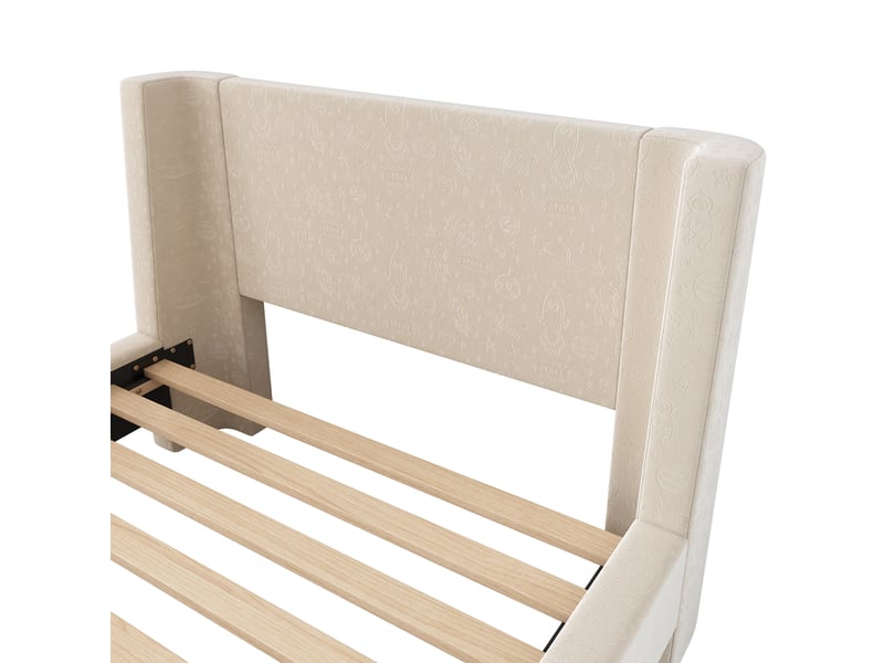 Lit enfant 200x90 cm en velours, lit simple avec motifs spatiaux et forme traîneau, sans matelas, beige  - Conforama E