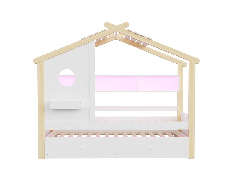  Lit enfant maison 90x200cm lit gigogne 90x190cm, 2 tiroirs, led, charge, style moderne, bois, blanc+naturel sans matelas  - Conforama R