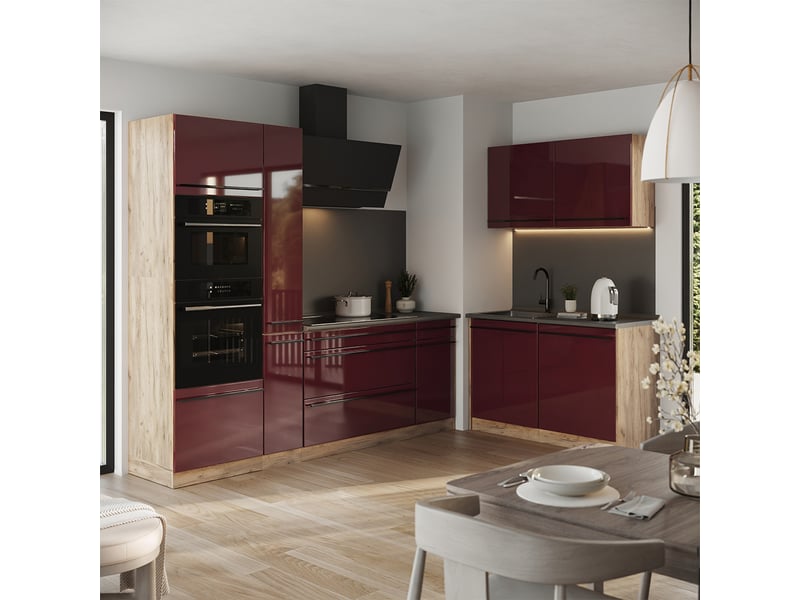  Vicco cuisine en angle, rouge brillantchêne doré, 230 x 120 cm plan de travail anthracite  - Conforama C