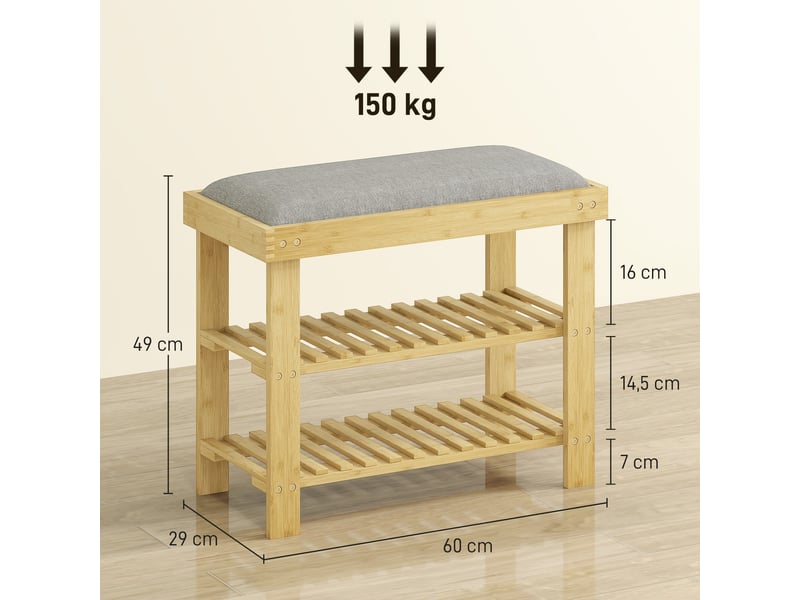  Banc à chaussures en bambou avec coussin, étagère à chaussures à 2 niveaux pour entrée ou chambre, 60 x 29 x 49 cm, gris  - Conforama E
