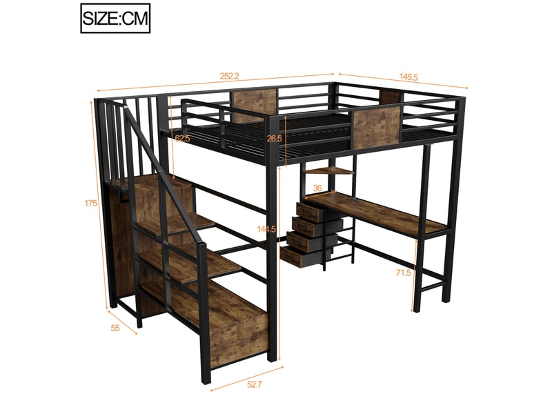  Lit mezzanine 140x200 cm avec bureau, étagères, penderie, lit enfant avec led et prise, métal et mdf, noir sans matelas  - Conforama C