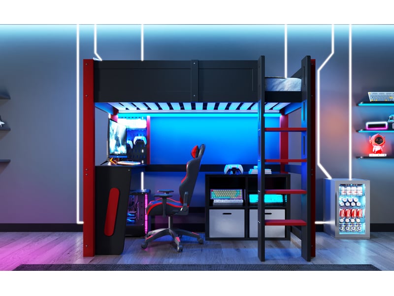  Lit mezzanine 90x200 cm avec bureau, panneau perforé et led, en bois, noir et naturel, sans matelas  - Conforama D