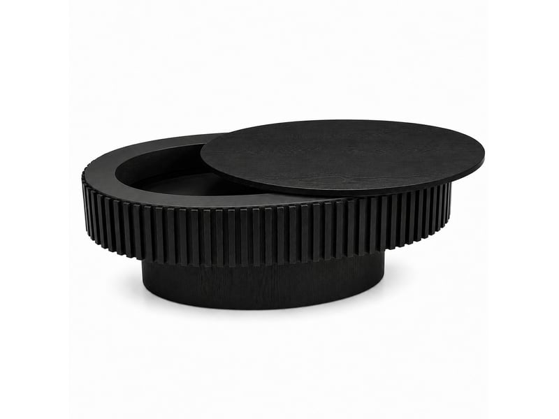 Table basse ovale noire en mdf plaqué bois avec rangement caché, design nervuré mat pour votre salon moderne - Conforama A