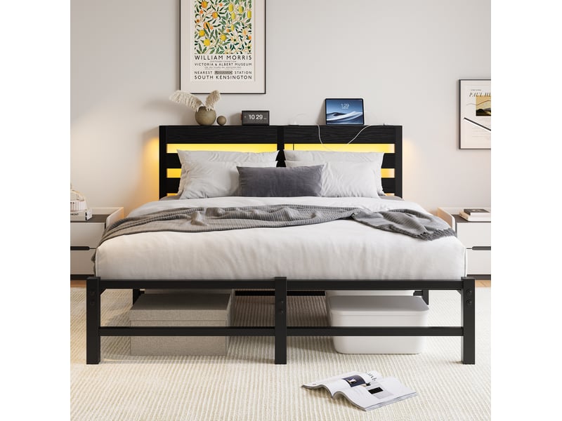 Cadre de lit, lit double 140x190 cm, rangement intégré, led, usb, sans matelas, métal et bois noir - Conforama C