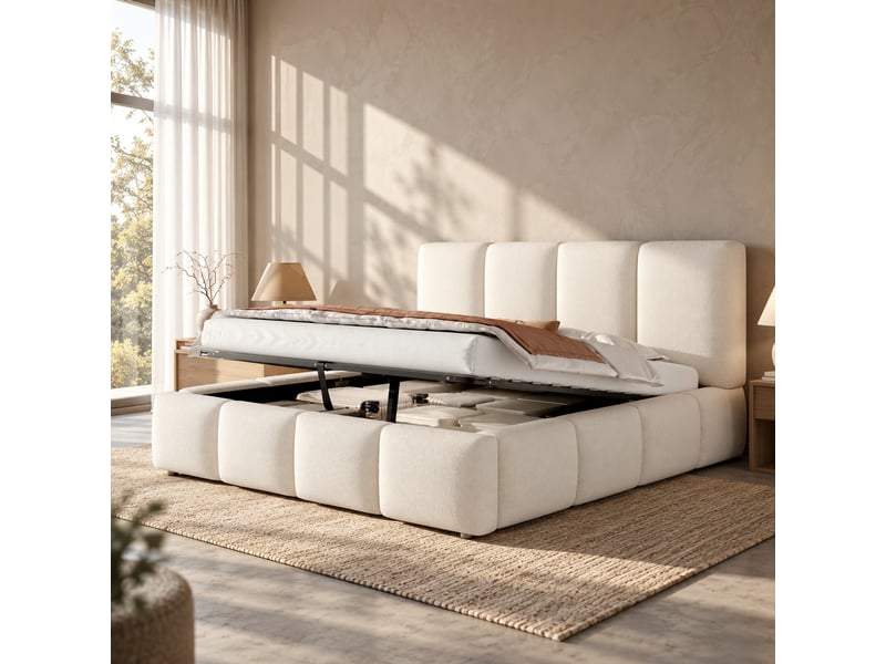  Lit rembourré 180 x 200 cm avec tête de lit capitonnée, coffre hydraulique, sommier à lattes, bouclé - blanc  - Conforama B