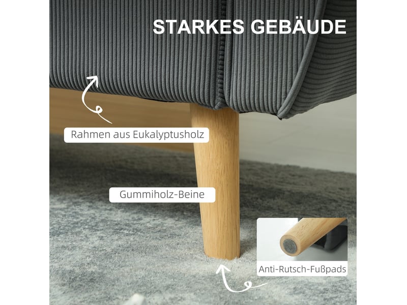  Canapé fixe 2 places 145 x 75 x 78 cm gris foncé en polyester côtelé, assise profonde de 54 cm  - Conforama D