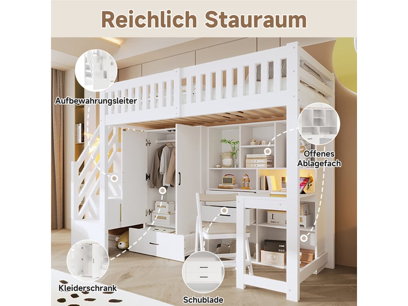  Lit mezzanine 90x200 cm avec échelle de rangement et armoire, lit 1 personne en blanc, lit enfant avec bureau et tiroirs  - Conforama R