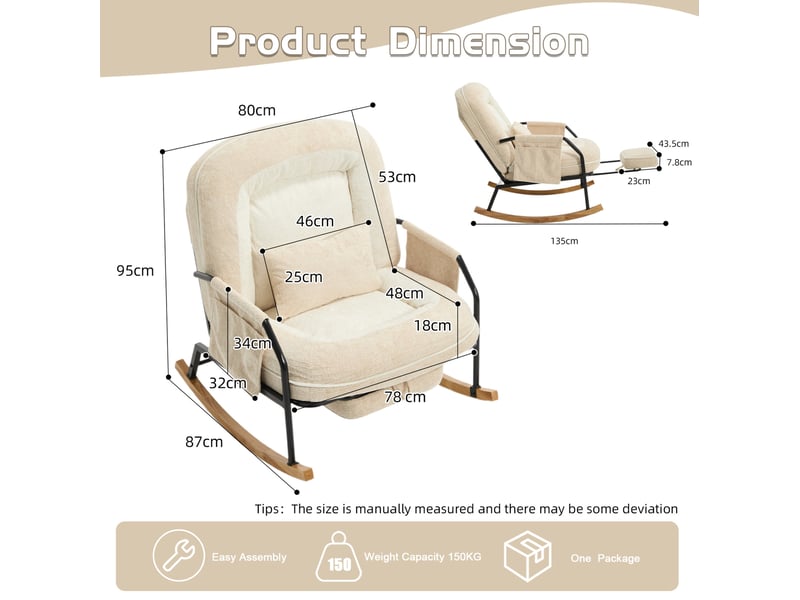  Fauteuil à bascule modenvie inclinable avec repose-pieds et poches latérales en fausse fourrure beige 80 x 87 x 95 cm  - Conforama C