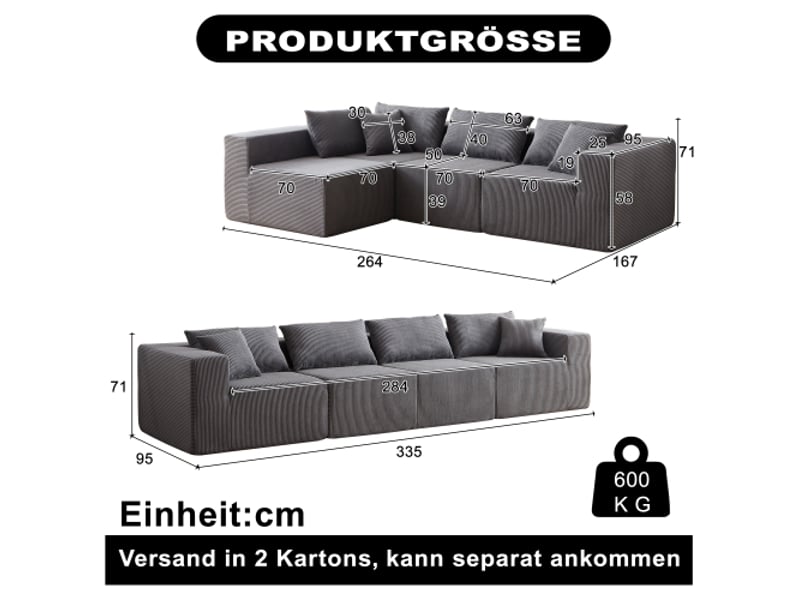  Canapé modulable l 4 pièces 104 pouces en velours côtelé, mousse compressée, design luxe, salon et chambre, combinaison libre  - Conforama C