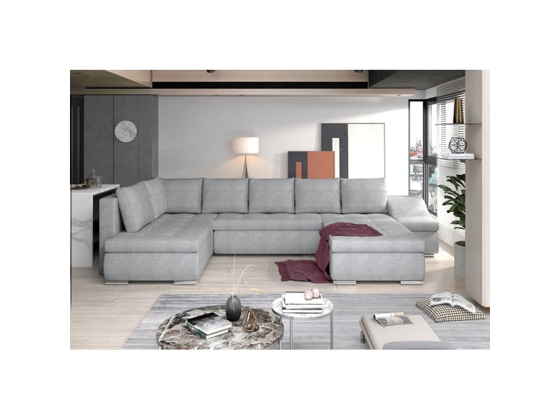  Canapé panoramique gyovani gris clair chiné angle droit convertible pieds métal  - Conforama A