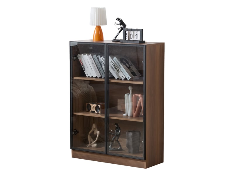  Vitrine naturel et bois foncé, verre, 80 × 30 × 106 cm, 3 étagères, portes vitrées et éclairage led pour salon  - Conforama A
