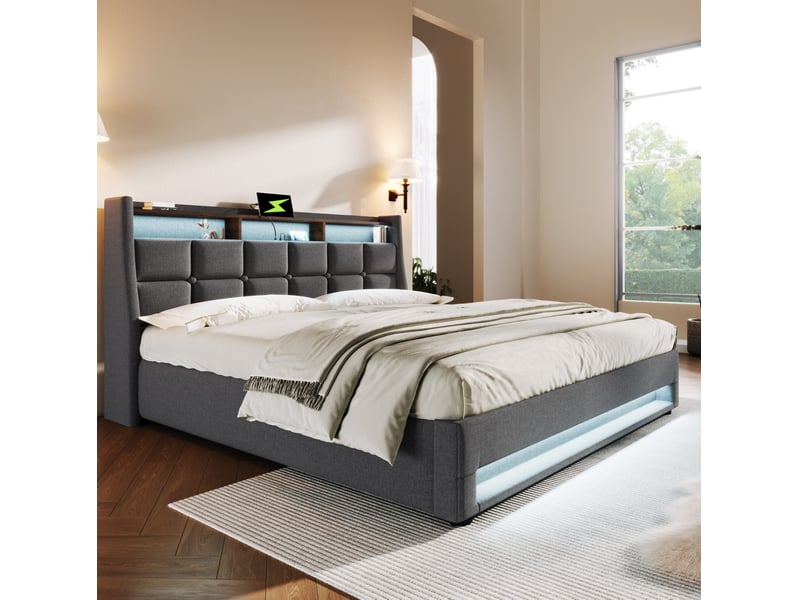  Modenvie lit coffre 180x200 cm - avec led, ports usb et rangement intégré, sans matelas - gris  - Conforama B
