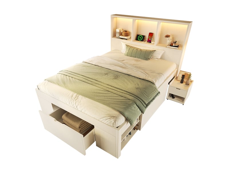  Rayofi lit simple blanc 90x200 cm avec rangement et table de chevet amovible, éclairage led, ports usb-cusb, tiroirs intégrés, matelas non inclus  - Conforama R