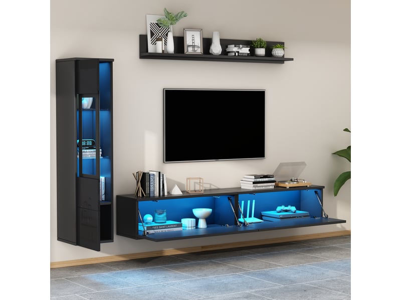  Meuble tv - ensemble de meubles muraux tv 3 pièces avec éclairage led, ensemble de meubles de salon noir brillant  - Conforama R