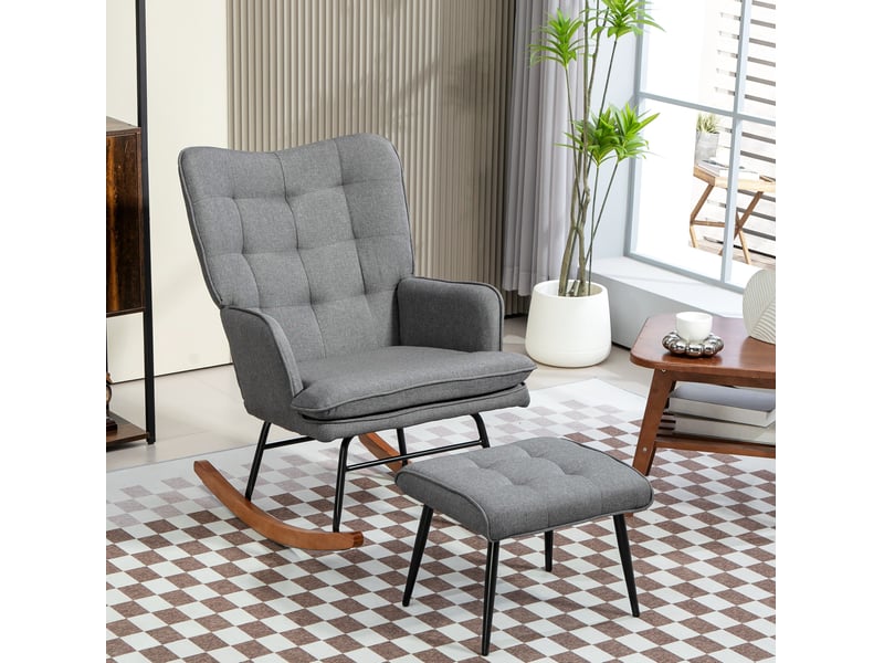 Fauteuil à bascule avec repose-pieds, dossier haut incliné, accoudoirs et rembourrage en polyester gris foncé - Conforama B