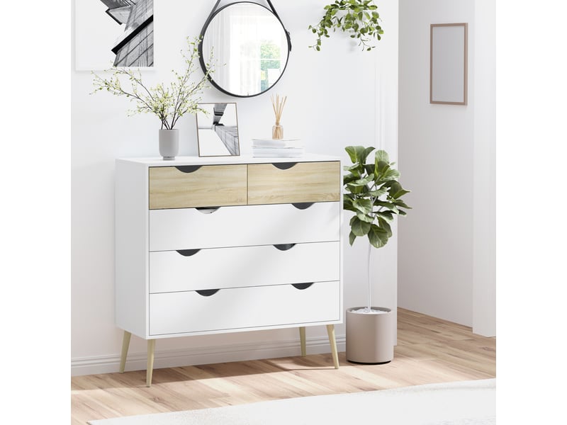 Commode à 5 tiroirs, design scandinave, meuble de chambre, panneaux de particules, 99 x 39 x 101 cm, blanc aspect chêne clair  - Conforama C