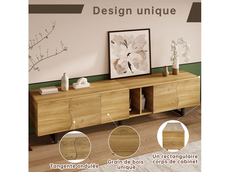  Meuble tv modenvie 191 x 38 x 46,5 cm 5 portes rangement mdf panneaux de particules naturel  - Conforama E