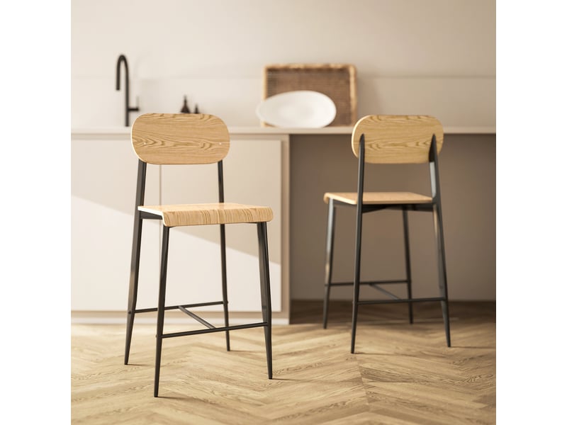  Ensemble de 2 tabourets de bar, chaises de bar avec dossier et structure en métal, bois, marron clair  - Conforama C