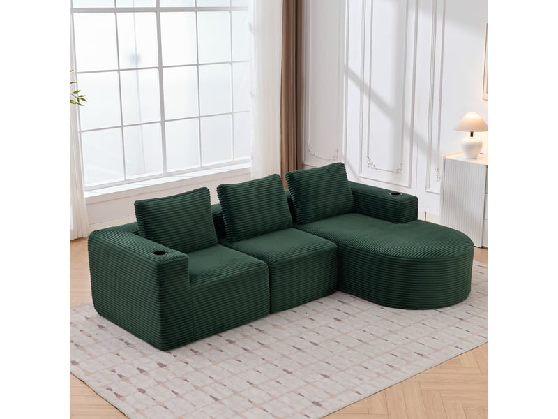  Canapé 2 places en velours côtelé compact 265 cm avec méridienne, 3 coussins et porte-gobelets  - Conforama D