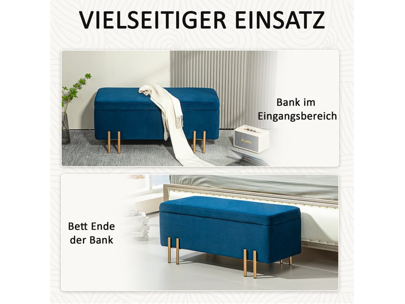  Banc de rangement 100 x 40 x 42 cm bleu foncé, polyester doux et mousse de 4 cm, structure bois et métal  - Conforama E