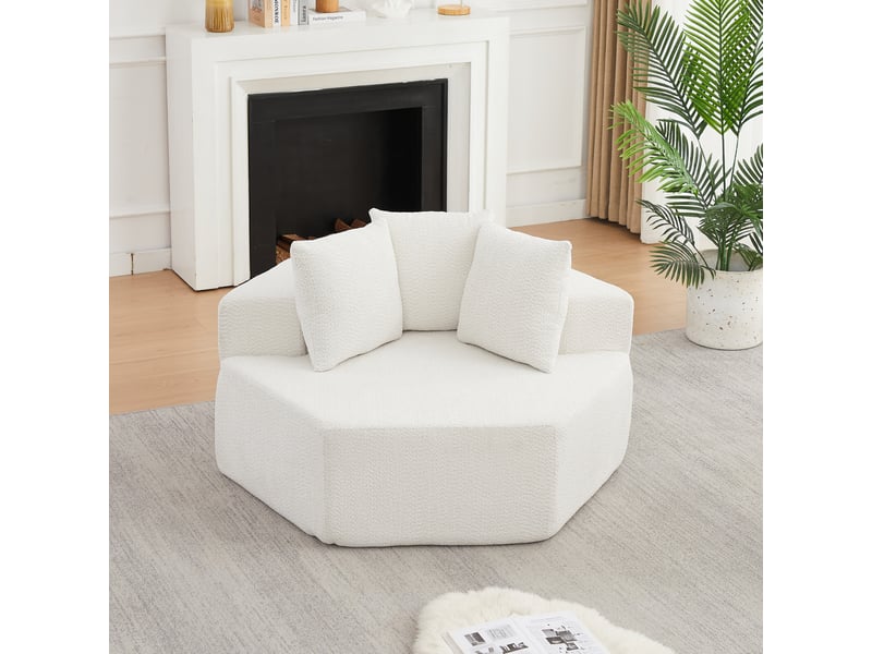 Fauteuil modulaire hexagonal 1 place avec trois coussins, assise lounge combinable en chenille bouclée beige  - Conforama D