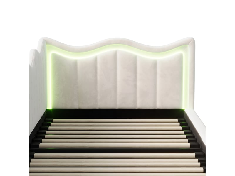  Lit coffre 1 place 90x200 cm, lit enfant avec rangement, led, design moderne, en velours blanc cassé, sans matelas  - Conforama R