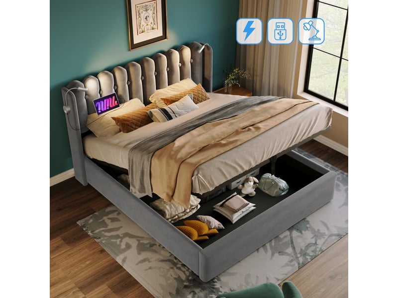  Lit double avec rangement - truxen - 160x200 cm - velours gris - lampe de lecture intégrée - prise usb  - Conforama E