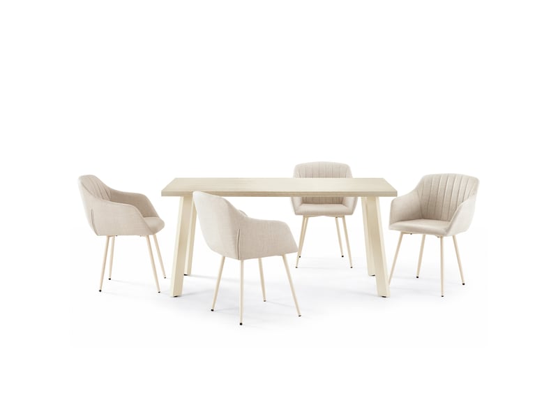  Ensemble table et 4 chaises - table rectangulaire 160x80 cm monobloc en travertin et pieds métal, 4 chaises en tissu beige et pieds en métal blanc  - Conforama A