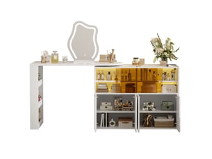 Coiffeuse pivotante avec miroir led tricolore et grand rangement pour chambre, blanche, 177 × 40 × 131,5 cm