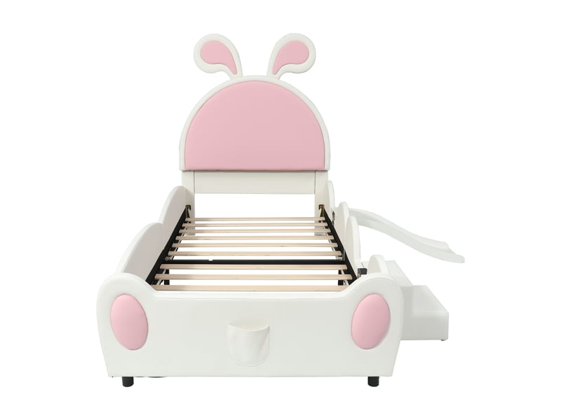  Lit capitonné, lit simple avec petit escalier et toboggan pour enfants, tête de lit à oreilles de lapin, sommier à lattes en bois, pu, blanc et rose, 90 x 200 cm  - Conforama D