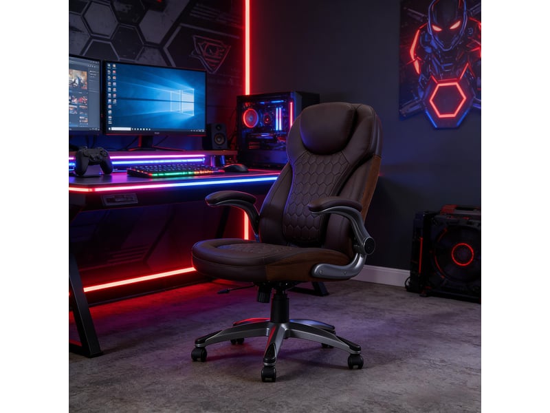  Chaise de bureau à dossier haut, basculante et réglable - lpospi - accoudoirs rabattables, pu et maille - marron  - Conforama C